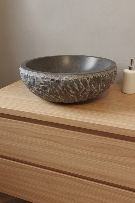 حوض مغسلة حجري غامق – تصميم فاخر بملمس طبيعي